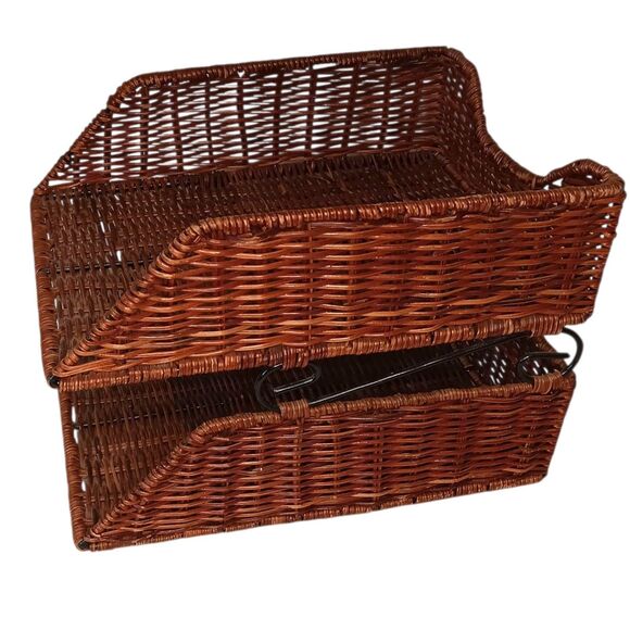 VTG Wicker Rattan 2-Tier Desk File Tray Mail/Letter Office Organizer Boho Style - Picture 3 of 9